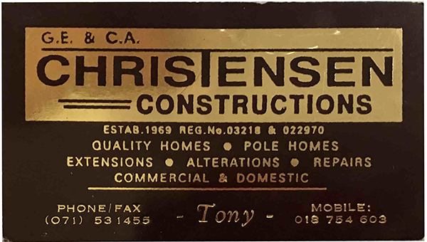 Early business card of Christensen Constructions